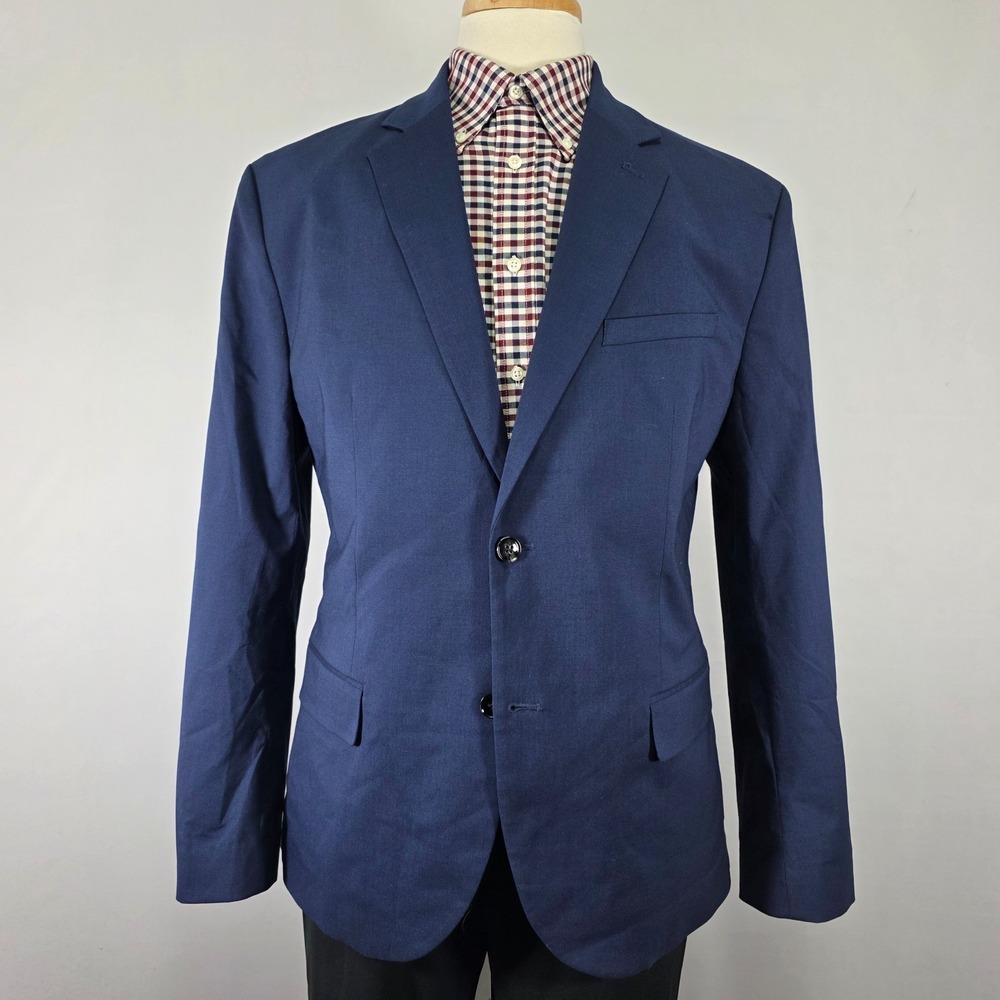 H&M Men's Sport Coat Blazer Two Button Navy Blue Polyester Blend 46R SLIM FIT